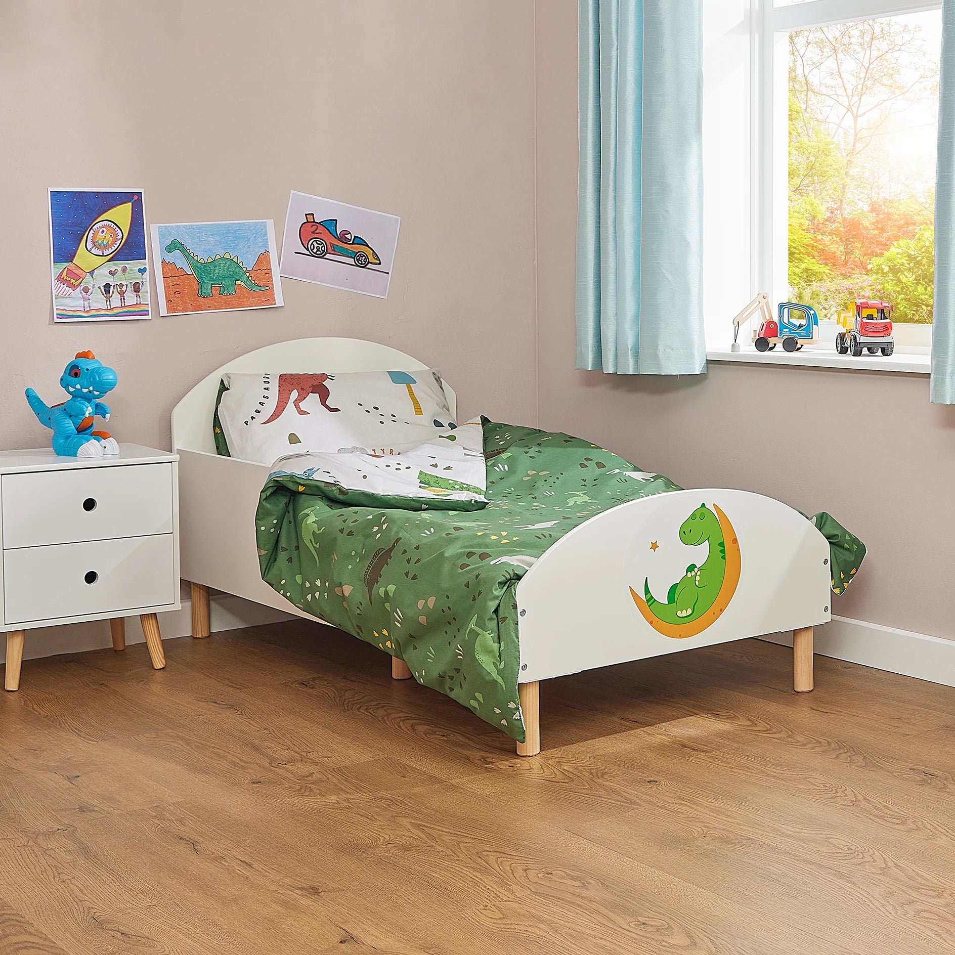 Kids White Toddler Bed – Dinosaur