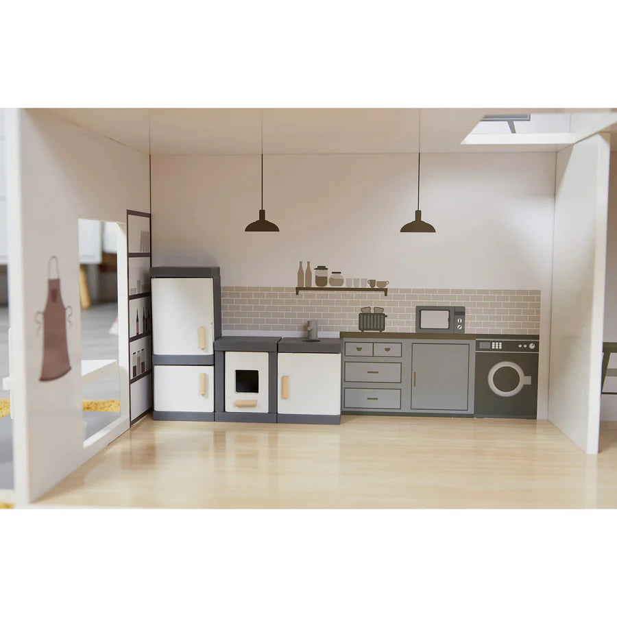 Contemporary Dolls House with 18 Handcrafted Wood Furniture Accessories