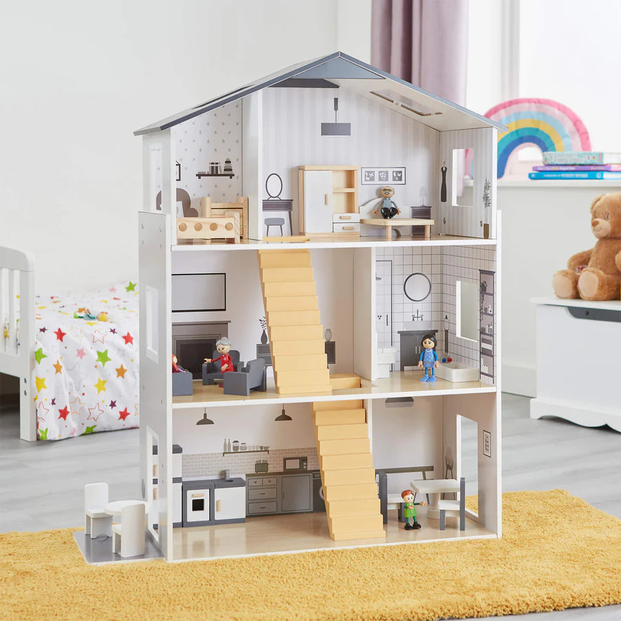 Contemporary Dolls House with 18 Handcrafted Wood Furniture Accessories