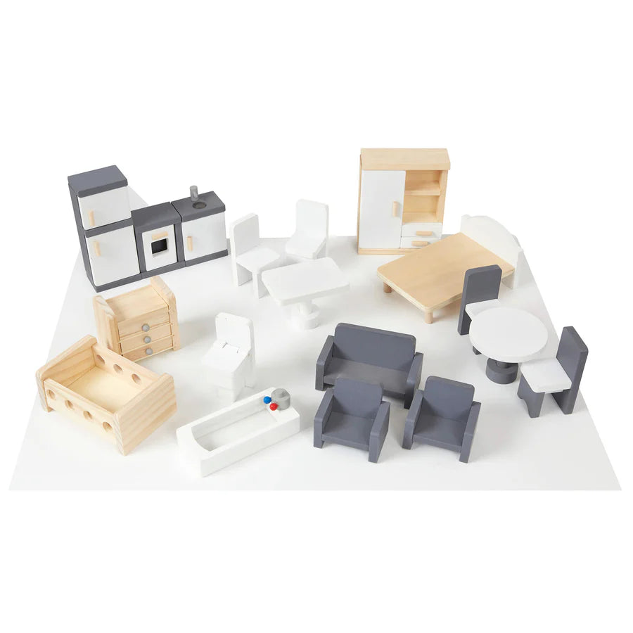 Contemporary Dolls House with 18 Handcrafted Wood Furniture Accessories